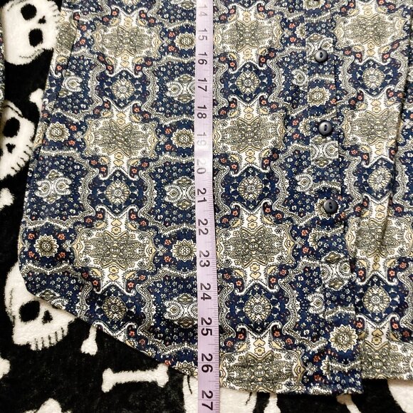 SUZY SHIER Navy blue geometric floral print button-down shirt ~ SMALL MEDIUM top - Picture 6 of 12